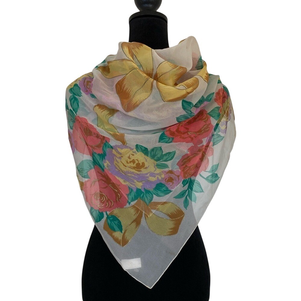 Berkshire Silk Scarf Coquette Bow Floral White‎ Yello Pink Feminine 34x36"